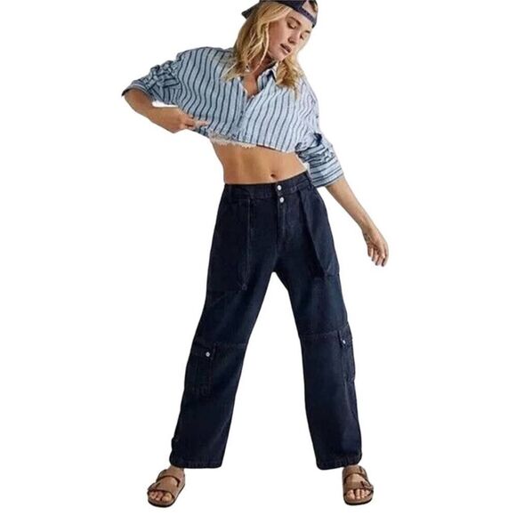 Free People Marx Slouchy Denim Cargo Jeans Black Noir Women's Size 27